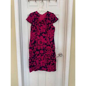 Talbots Pink And Navy Blue Floral Print Scoop Neck Linen Sheath Dress 12